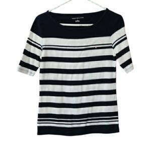 Tommy Hilfiger Striped Boat Neck Blouse Medium - Navy White Short Sleeve Top